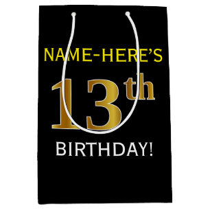 Sac Cadeau Moyen Noir, anniversaire d'or de Faux 13ème + Nom fait