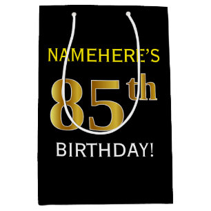 Sac Cadeau Moyen Noir, anniversaire d'or de Faux 85th + Nom fait