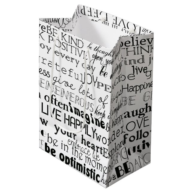 Sac Cadeau Moyen Noir Blanc Inspiration Mots Noël (Devant Angle)