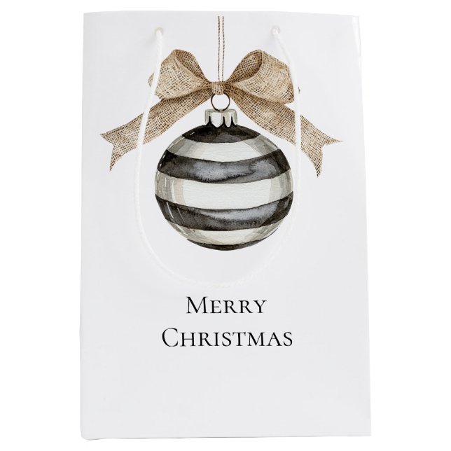 Sac Cadeau Moyen Noir blanc rayures ornement Bow Noël (Devant)