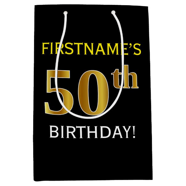 Sac Cadeau Moyen Noir, Faux Gold 50e anniversaire + Nom personnalis (Devant)