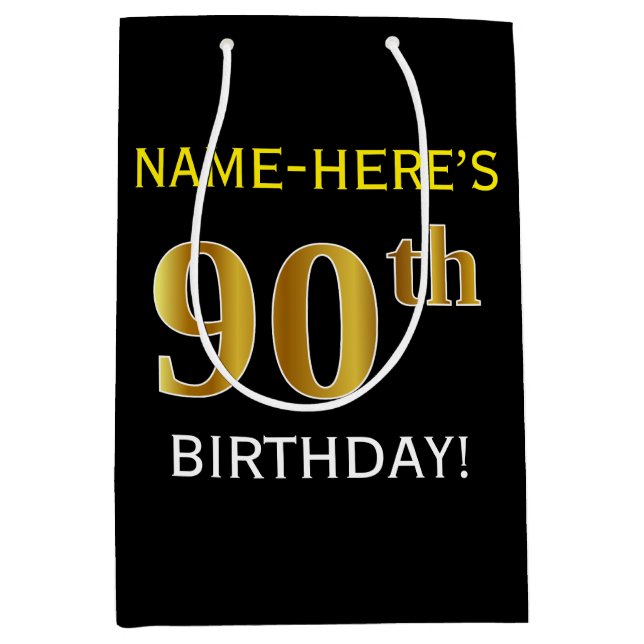 Sac Cadeau Moyen Noir, Faux Gold 90e anniversaire + Nom personnalis (Devant)