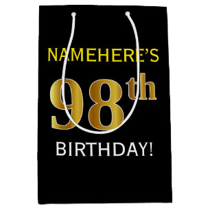 Sac Cadeau Moyen Noir, Faux Gold 98e anniversaire + Nom personnalis