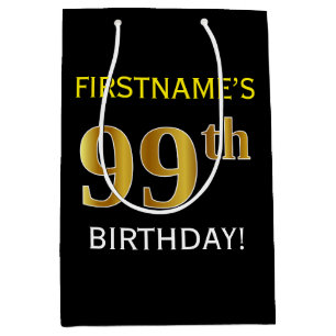Sac Cadeau Moyen Noir, Faux Gold 99e anniversaire + Nom personnalis