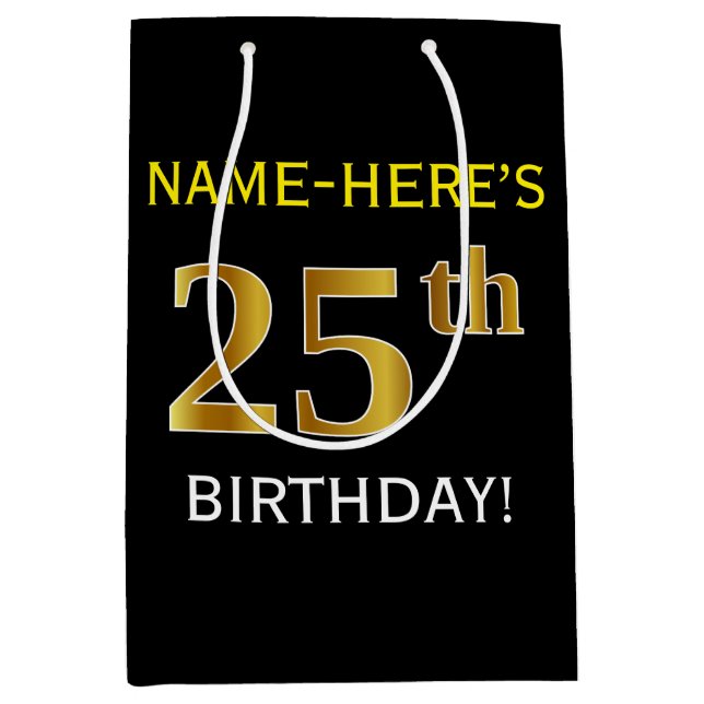 Sac Cadeau Moyen Noir, Faux Or 25e anniversaire + Nom personnalisé (Devant)