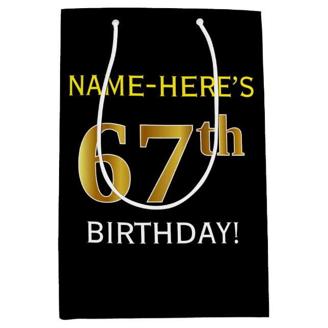 Sac Cadeau Moyen Noir, Faux Or 67e anniversaire + Nom personnalisé (Devant)