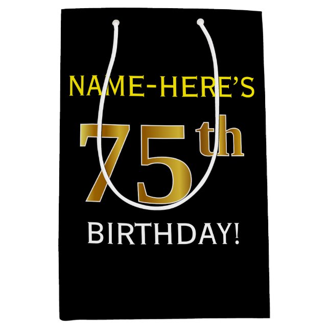 Sac Cadeau Moyen Noir, Faux Or 75e anniversaire + Nom personnalisé (Devant)