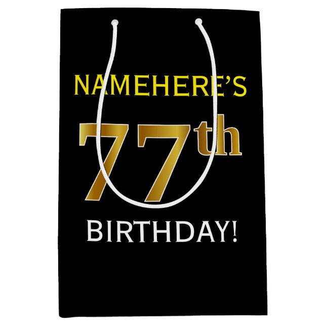 Sac Cadeau Moyen Noir, Faux Or 77e anniversaire + Nom personnalisé (Devant)