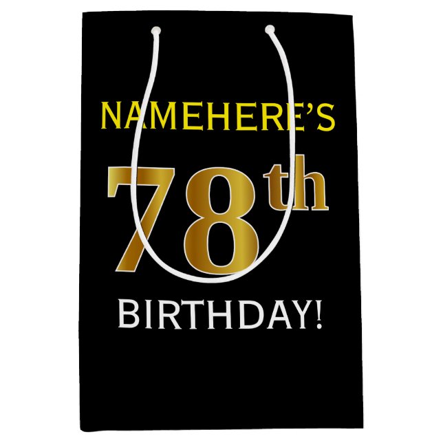 Sac Cadeau Moyen Noir, Faux Or 78e anniversaire + Nom personnalisé (Devant)