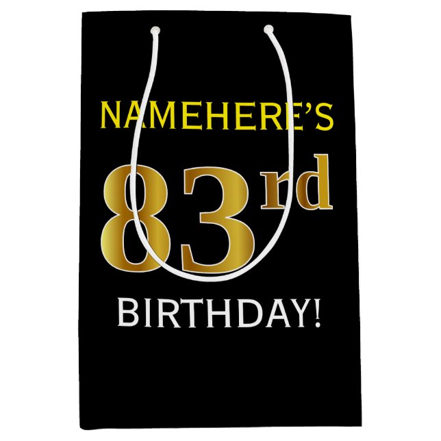 Sac Cadeau Moyen Noir, Faux Or 83ème anniversaire + Nom personnalis (Devant)