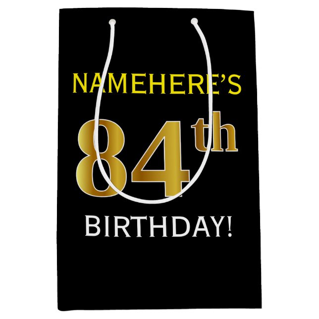 Sac Cadeau Moyen Noir, Faux Or 84e anniversaire + Nom personnalisé (Devant)