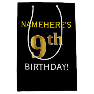 Sac Cadeau Moyen Noir, Faux Or 9e anniversaire + Nom personnalisé