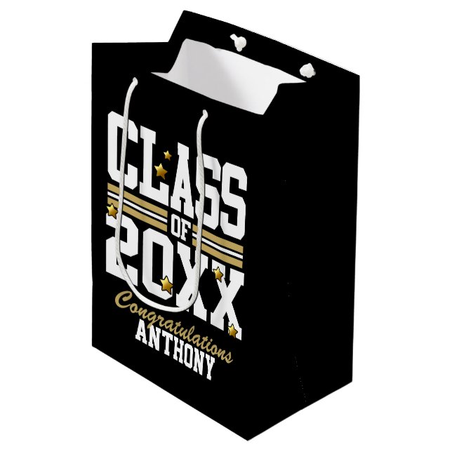 Sac Cadeau Moyen Noir|Gold Graduated Class Year (Devant Angle)