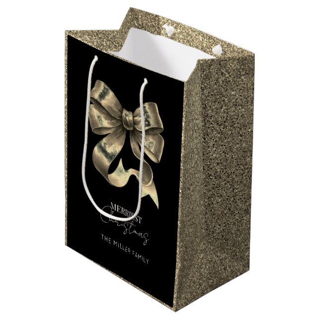Sac Cadeau Moyen Noir or brillant Bow Noël (Devant Angle)