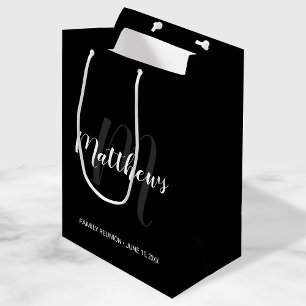 Sac Cadeau Moyen Noir personnalisé moderne de monogramme et de nom