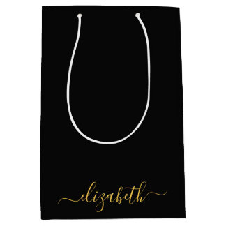 Sac Cadeau Moyen Nom de script de monogramme en or noir moderne
