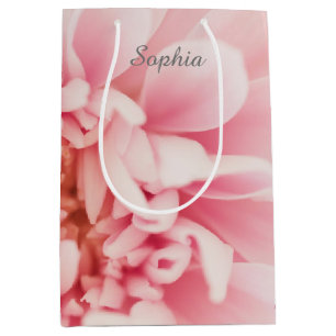Sac Cadeau Moyen Nom en écriture grise, grande fleur rose