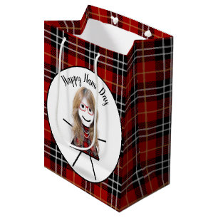 Sac Cadeau Moyen Nom Jour Stick Girl sur Tartan Plaid