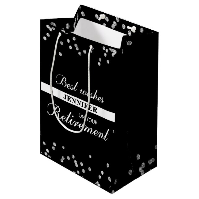 Sac Cadeau Moyen Nom personnalisé, Félicitations à la retraite Noir (Devant Angle)