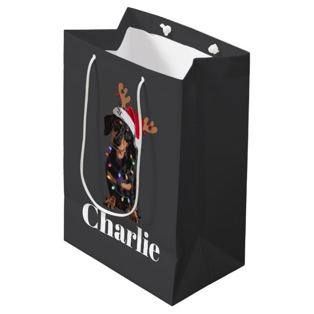 Sac Cadeau Moyen Nom personnalisé Feux de Chien de Noël Dachshund (Devant Angle)