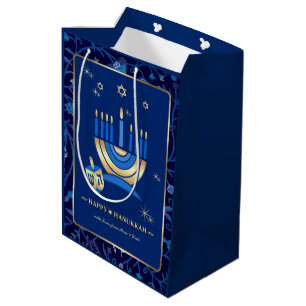 Sac Cadeau Moyen Nom personnalisé Menorah & Dreidels Design Cadeau