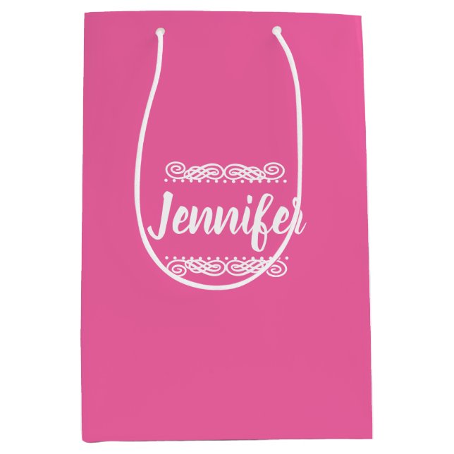Sac Cadeau Moyen Nom Personnalisé Rose Et Blanc (Devant)