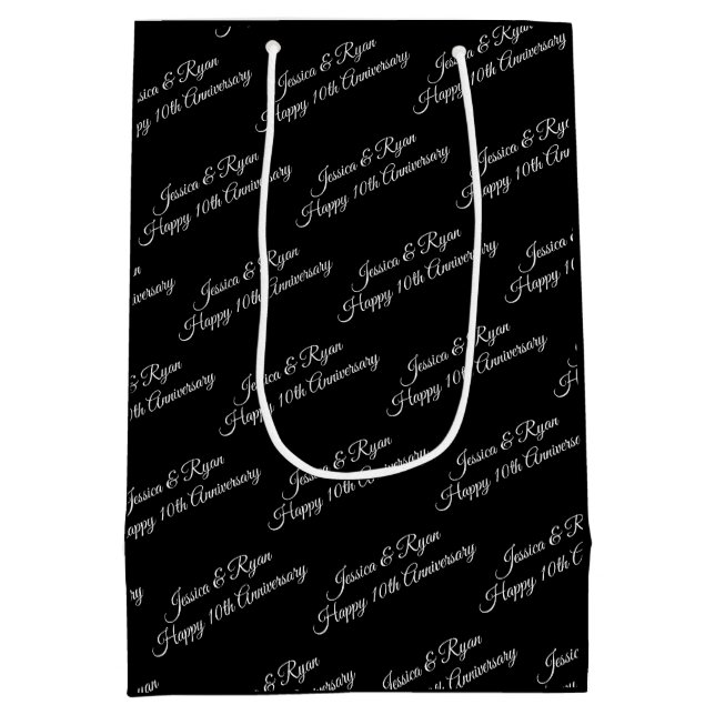 Sac Cadeau Moyen Noms, Année Anniversaire, Script blanc, Noir (Dos)