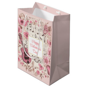Sac Cadeau Moyen Notes musicales et fleurs Élégante Saint-Valentin