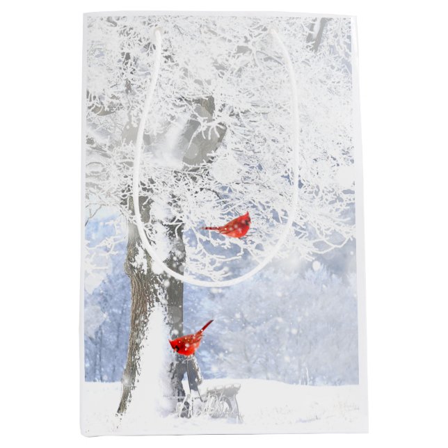 Sac Cadeau Moyen Oiseaux cardinaux rouges Arbres enneigés de Noël (Devant)