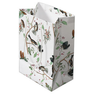 Sac Cadeau Moyen Oiseaux de poulet Baies et Pinecones Aquarelle