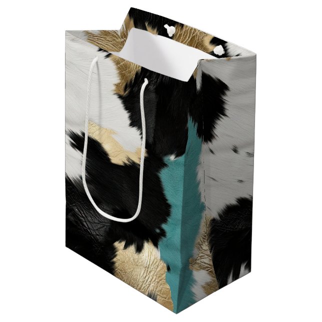 Sac Cadeau Moyen Or Turquoise, Blanc Noir (Devant Angle)