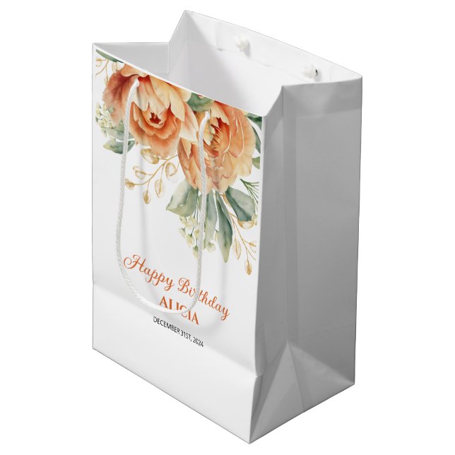 Sac Cadeau Moyen Orange Peony Gold Leaf Verdure Anniversaire (Devant Angle)