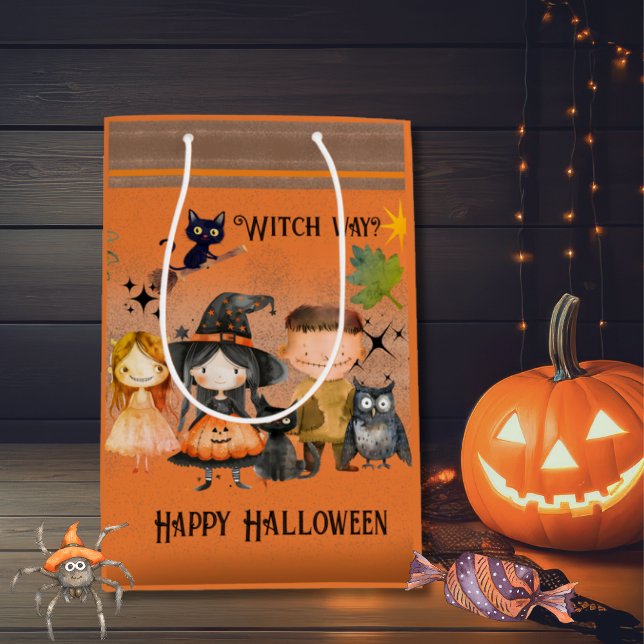 Sac Cadeau Moyen Orange Witch Way Halloween (Happy Halloween Cute Monsters Party Medium Gift Bag)