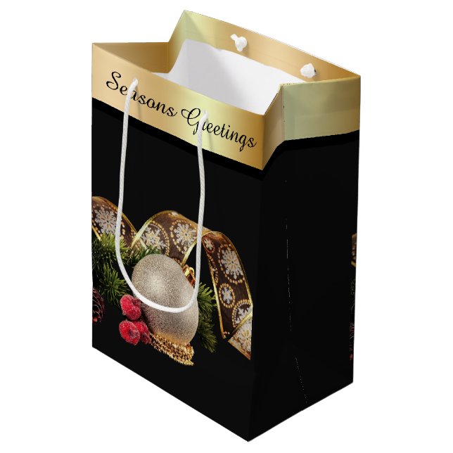 Sac Cadeau Moyen Ornament, Evergreen and Gold Ribbon (Devant Angle)