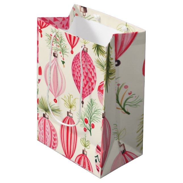 Sac Cadeau Moyen Ornements de Noël rose rouge rétro (Devant Angle)