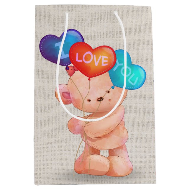 Sac Cadeau Moyen Ours avec I Love You Balloons (Devant)