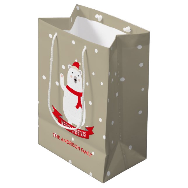 Sac Cadeau Moyen Ours blanc de Noël mignon personnalisable (Devant Angle)