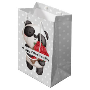 Sac Cadeau Moyen Ours de Panda mignonne avec Bouquet de Rose Valent