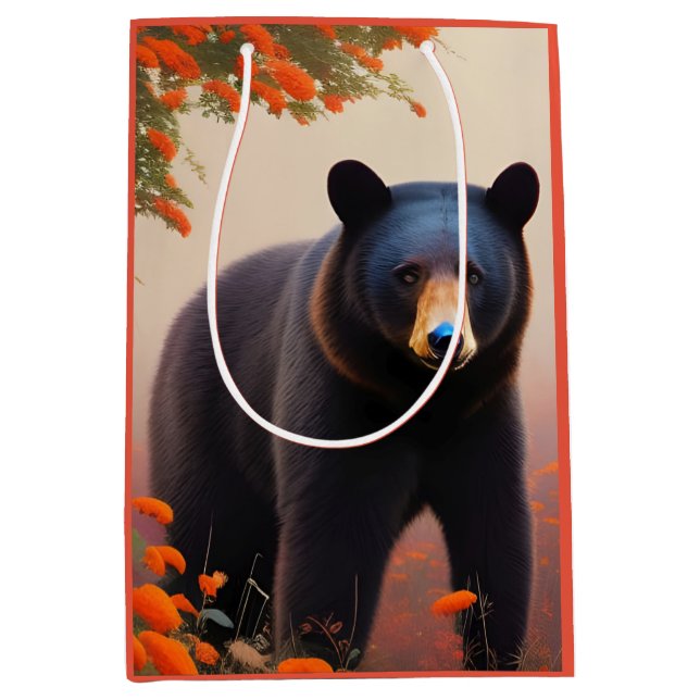 Sac Cadeau Moyen Ours noir en fleurs orange (Devant)