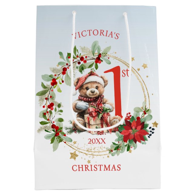 Sac Cadeau Moyen Ours Poinsettia Foliage Baby's First Christmas (Dos)