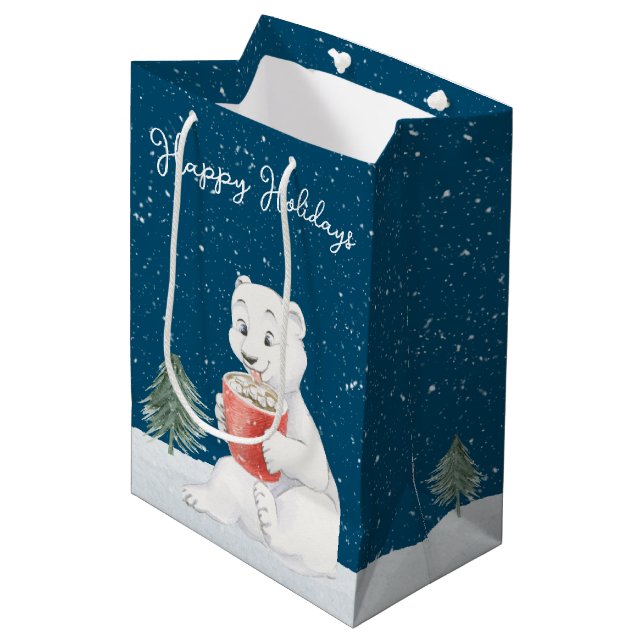 Sac Cadeau Moyen Ours Polaire Aquarelle Au cacao Chaud (Devant Angle)