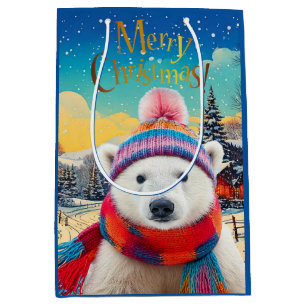 Sac Cadeau Moyen Ours polaire chapeau de Père Noël et écharpe Joyeu