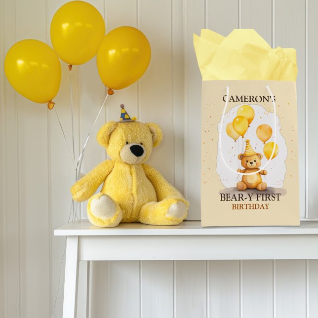 Sac Cadeau Moyen Ours Premier anniversaire Sexe Ours jaune neutre (Créateur téléchargé)