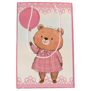 Sac Cadeau Moyen Ours rosé avec ballotte rose