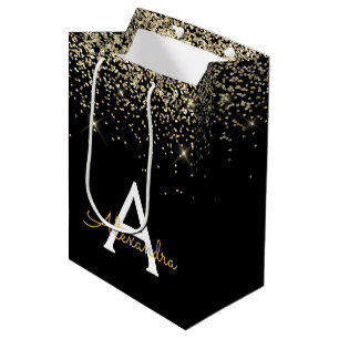 Sac Cadeau Moyen Pailleté Luxe Noir et Or Monogramme