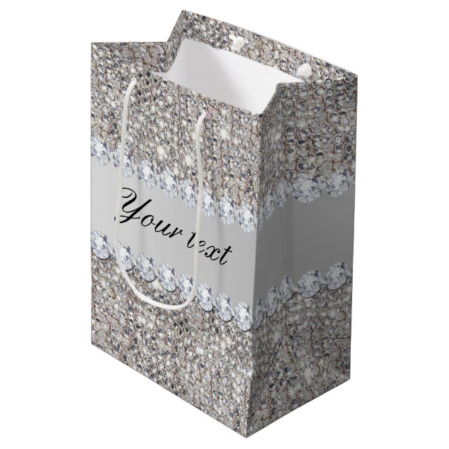 Sac Cadeau Moyen Paillettes et diamants argentés de Faux (Devant Angle)