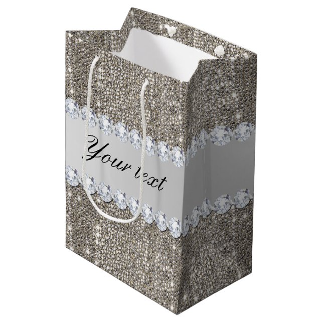Sac Cadeau Moyen Paillettes et diamants argentés de Faux (Devant Angle)