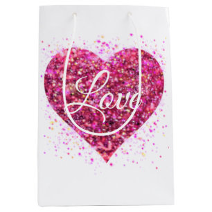 Sac Cadeau Moyen Paillettes rose mousseux, amour graffiti valentine