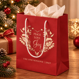 Sac Cadeau Moyen Paix Amour Joie Noël personnalisé Rouge Or