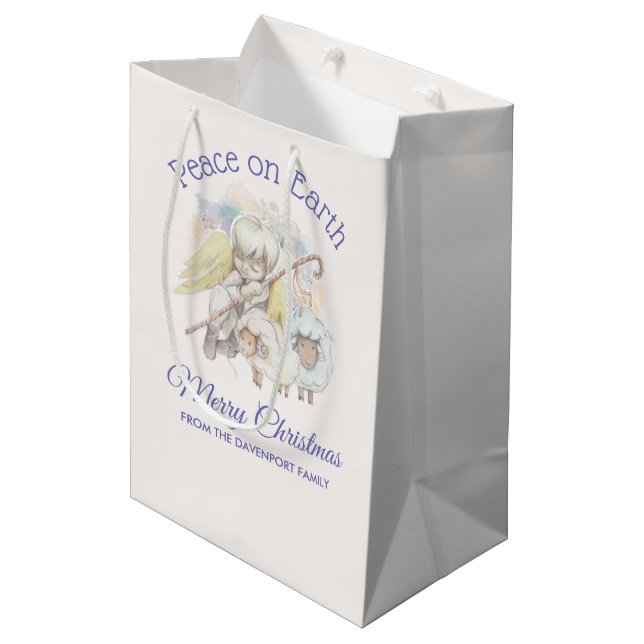 Sac Cadeau Moyen Paix sur Terre Pasteur Ange avec Agneaux (Devant Angle)